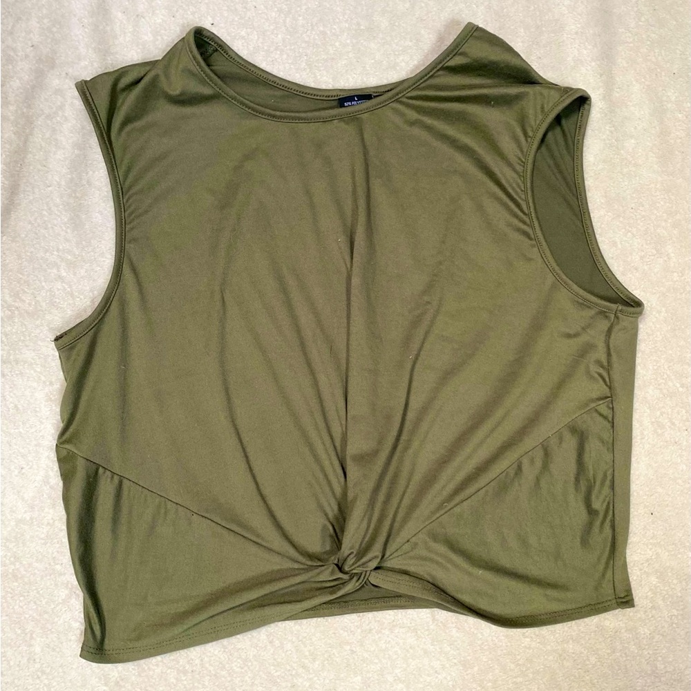 Khaki green wrap, cropped top. Size L.